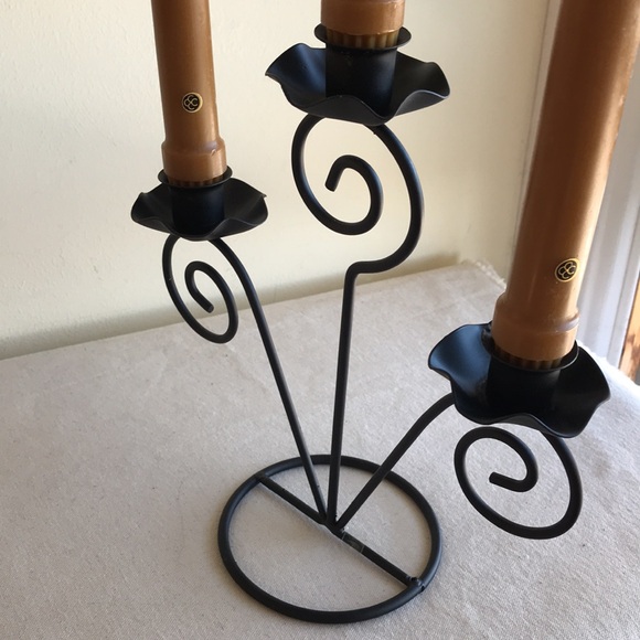 Set of 2 candelabras 6 candles Black wrought iron holder Harvest gold wax candle - Picture 7 of 8